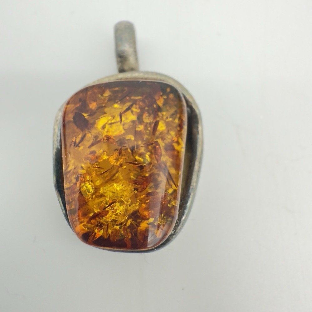 Antique Amber Sterling Silver Pendant Art Deco Signed Dated 1920